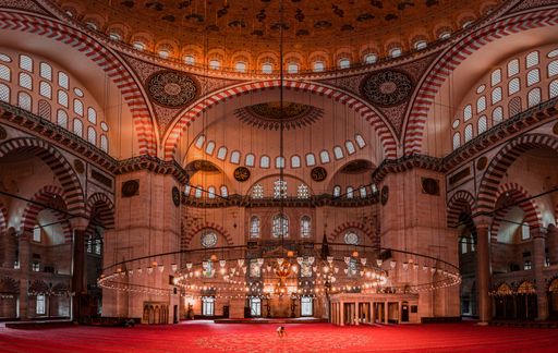 An interior view of the majestic Suleymaniye Mosque in Istanbul, Turkey