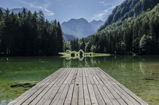 The mesmerizing view of the pier near the lake surrounded by lush nature and the mountains