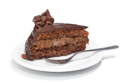 A delicious slice of chocolate cake on a white plate with a fork, showcasing rich layers and a glossy finish.