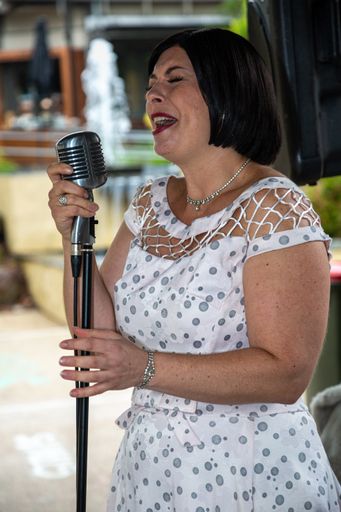 Female singer performing at the Eltham Jazz festival on 15 febuary 2020 in Melbourne australia during summer in the outdoors.