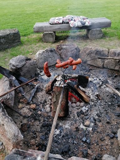 A vertical shot of grilling sausages on a fireplace at an outdoor picnic