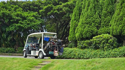 A golf cart loaded with clubs parked on a lush green golf course surrounded by tall trees and vibrant foliage.