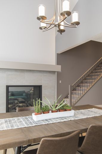 A beautiful shot of a modern house dining room with plants and a fireplace