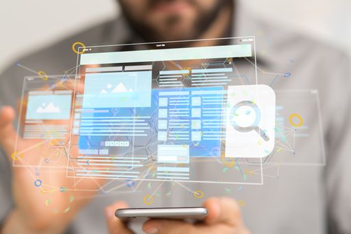 A 3D rendered web application interface held in a person's hand