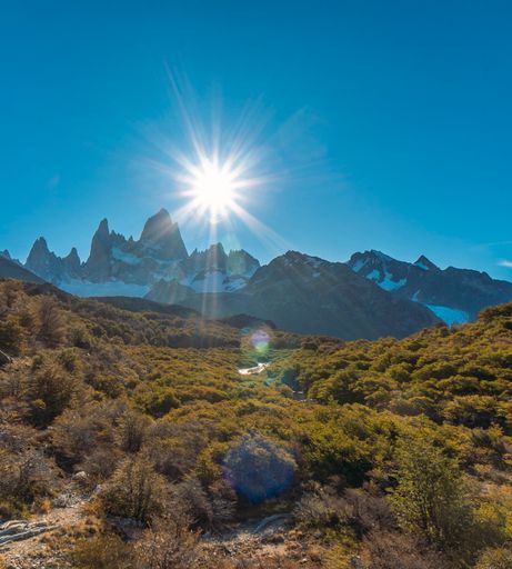 On the way to Laguna de los Tres you can see the sun over Mount Fitz Roy