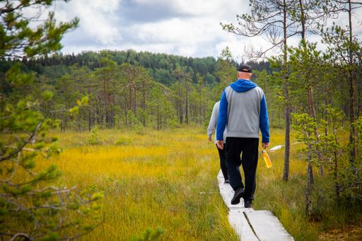 A closeup of people walking on a narrow path through the forest.