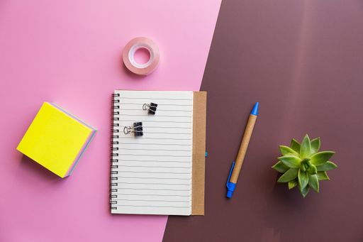 A top view shot of a notebook, sticky paper,tape, pen, and a plant on a pink and brown background