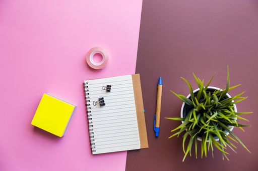 A top view shot of a notebook, sticky paper,tape, pen, and a plant on a pink and brown background