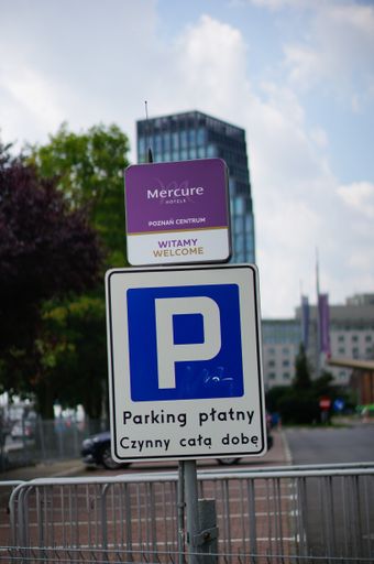 A parking board of the Mercure hotel building in the city center, Poznan, Poland
