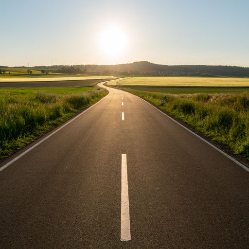 An empty road with fields on both sides with a shining sun