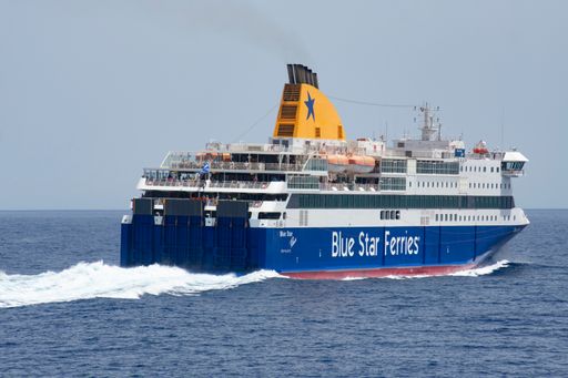 A Large modern Greek ferry on main tourist route in the Cyclades islands, from Athens to Santorini