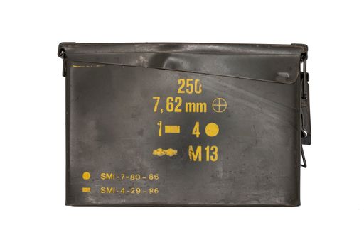 A closeup shot of a WWII ammunition box isolated on a white background