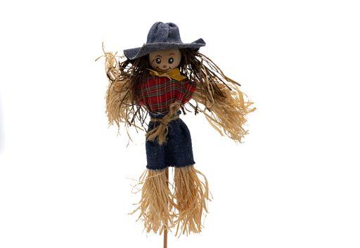 A closeup of a scarecrow isolated on a white background