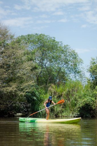 A vertical shot of a Hispanic woman kayaking on a lake