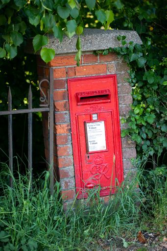 A vertical shot of a mail box in a garden