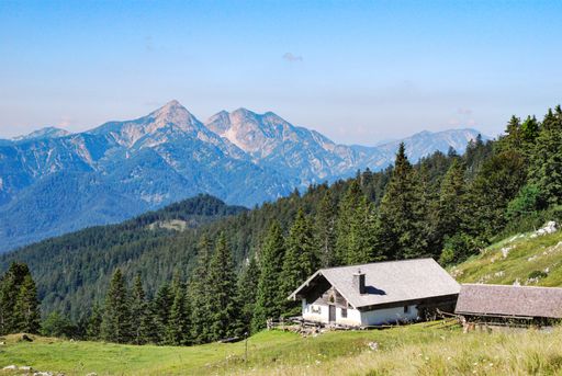 Kohler Alm mountain hut near Inzell, with Sonntagshorn at Chiemgau alps