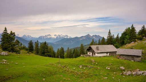 Kohler Alm mountain hut near Inzell, bavarian alps, Chiemgau, with view towards Sonntagshorn and Loferer Steinberge