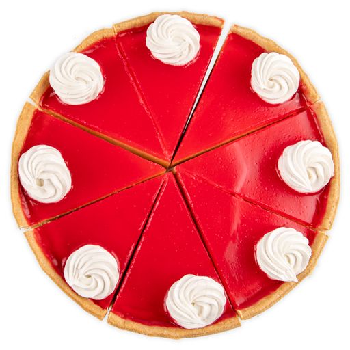 A top view of a red cheesecake with decorated cream isolated on a white background