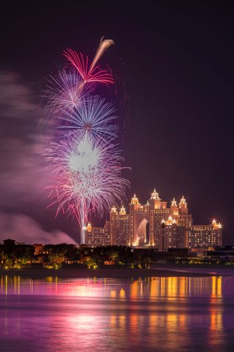 The Palm Jumeirah with fireworks, Dubai, United Arab Emirates