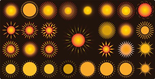 A set of isolated icons and shapes showing the sun in different colors that suit the uses of magazines, books and websites, in addition to your design