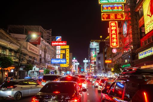 Bangkok, Thailand - January 06, 2025: Night at Yaowarat road, the main street of Chinatown Bangkok, Thailand