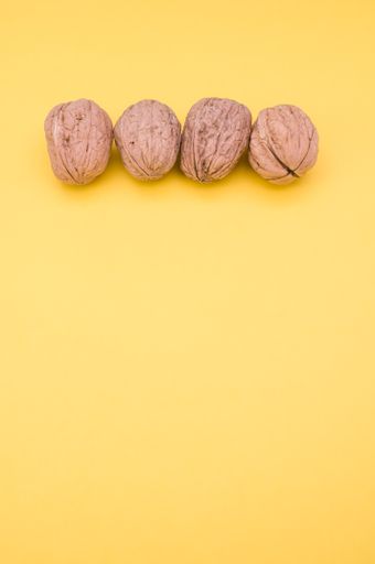 A vertical shot of four walnuts in shell isolated on a yellow background