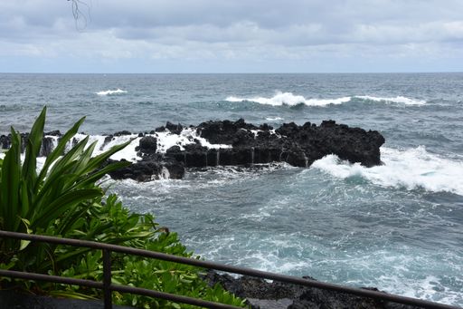 Rocky shoreline with crashing waves and lush greenery under a cloudy sky.