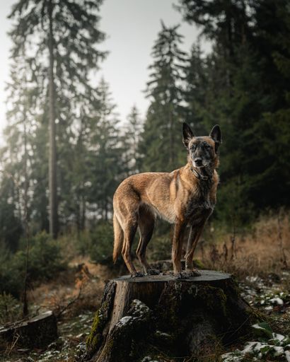 A Belgian Malinois dog stands on a tree stump in a misty forest setting, capturing the essence of nature and adventure.