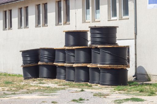 A high-voltage cables on spools used for electric power transmission, high voltage cords
