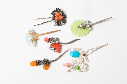 A high angle shot of traditional Korean pieces of jewelry used to decorate the hair