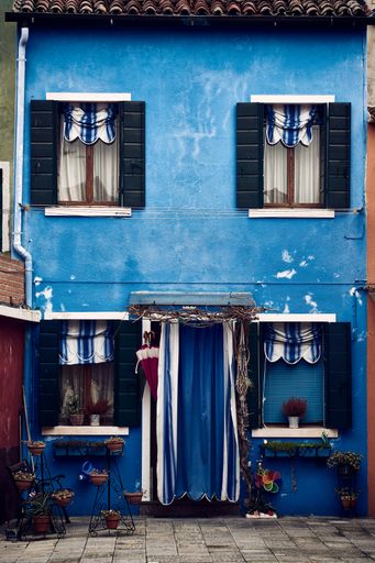 A beautiful vertical symmetric shot of a suburban blue building with plants in pots