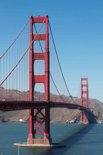 Iconic view of the Golden Gate Bridge in San Francisco under a clear blue sky, showcasing its architectural beauty.