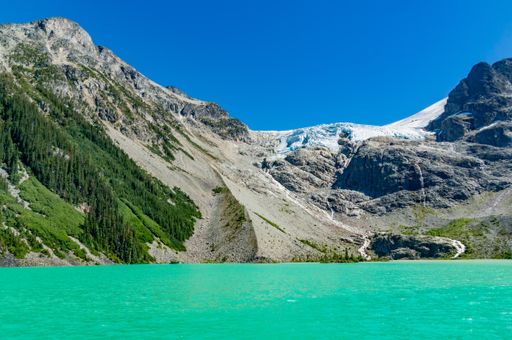 A mesmerizing view of a beautiful turquoise alpine lake