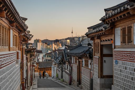 An alley of buildings in Bukchon Hanok Village in the evening in South Korea