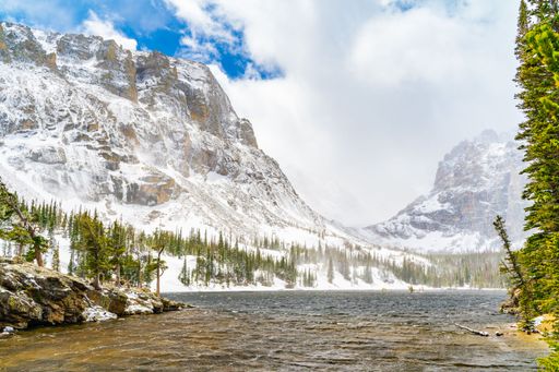 Scenic view of a snowy mountain landscape with a clear blue sky and a lake in the foreground at Rocky Mountain National Park.