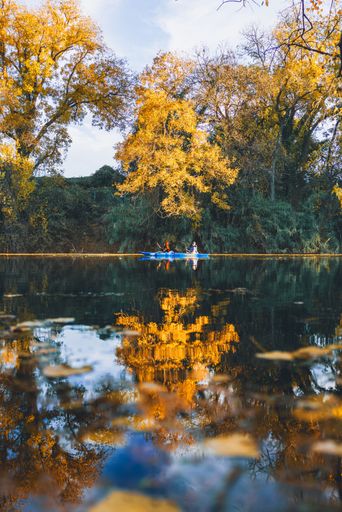 The two people kayaking on a serene river with vibrant autumn trees reflecting in the water.