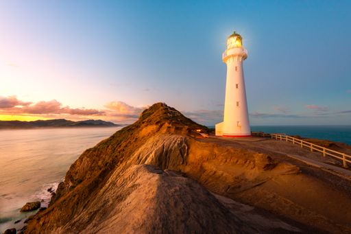 A beautiful shot of a Castlepoint lighthouse in Wairarapa, New Zealand in the dusk light