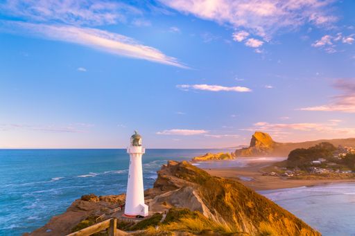 A beautiful shot of a Castlepoint lighthouse in Wairarapa, New Zealand in the late afternoon