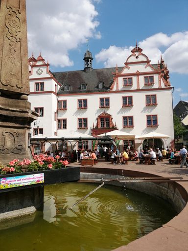 A beautiful view from the fountain on the town hall in the city of Darmstadt, Hessen, Germany