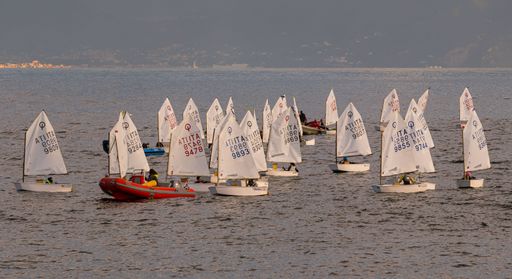 A fleet of small sailboats with colorful sails glides across a calm bay at sunset. The boats are lined up, with a small motorboat nearby.