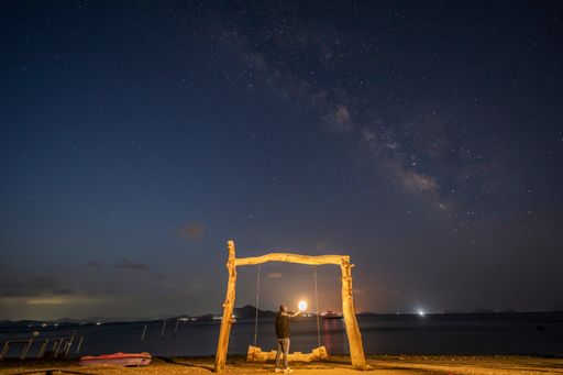 A high angle shot of a male adult with a light torch on the seashore at night in South Korea