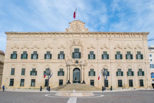 The facade of the Auberge de Castille in Valletta, built in baroque style by the Knights of St John, now used as Office of the Prime Minister of Malta