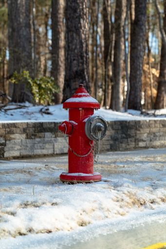 A red fire hydrant covered in snow stands in a forested area with a stone wall in the background