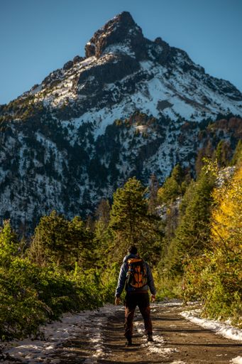 A hiker with a backpack walks on a snowy path towards a majestic mountain under a clear blue sky, surrounded by lush green trees.