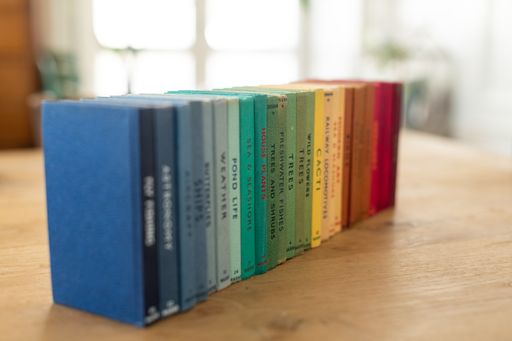 A closeup of stacked colorful books on different fields on the table with a blurry background