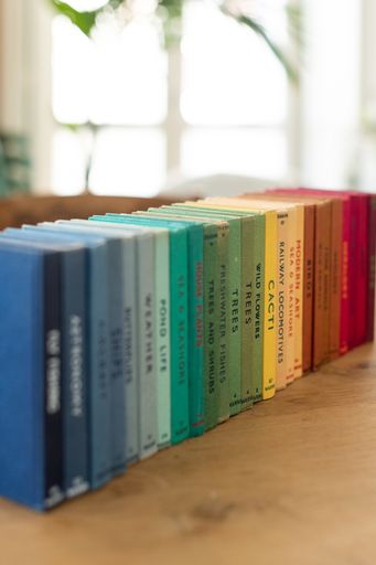 A vertical shot of stacked colorful books on different fields on the table with a blurry background
