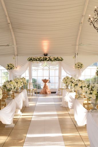 Rows of chairs and beautiful flowers set up for wedding ceremony