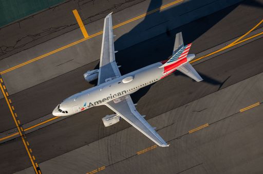 An aerial view of an American Airlines plane taxiing at Boston's Logan Intersection Airport