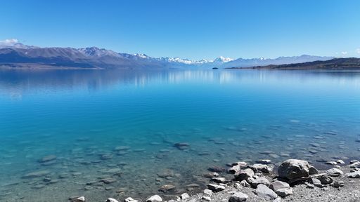 Lake Pukaki, South Island, New Zealand from the southern shore looking towards Aoraki Mount Cook on a clear day