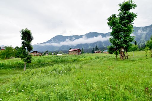 A mesmerizing green land with small houses and mountains in the background under a cloudy sky